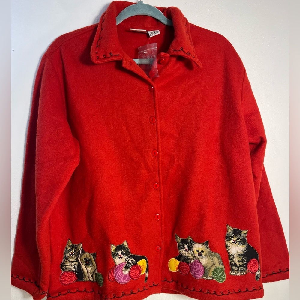 Take Two Clothing Co. fleece shacket  button front cat applique red L